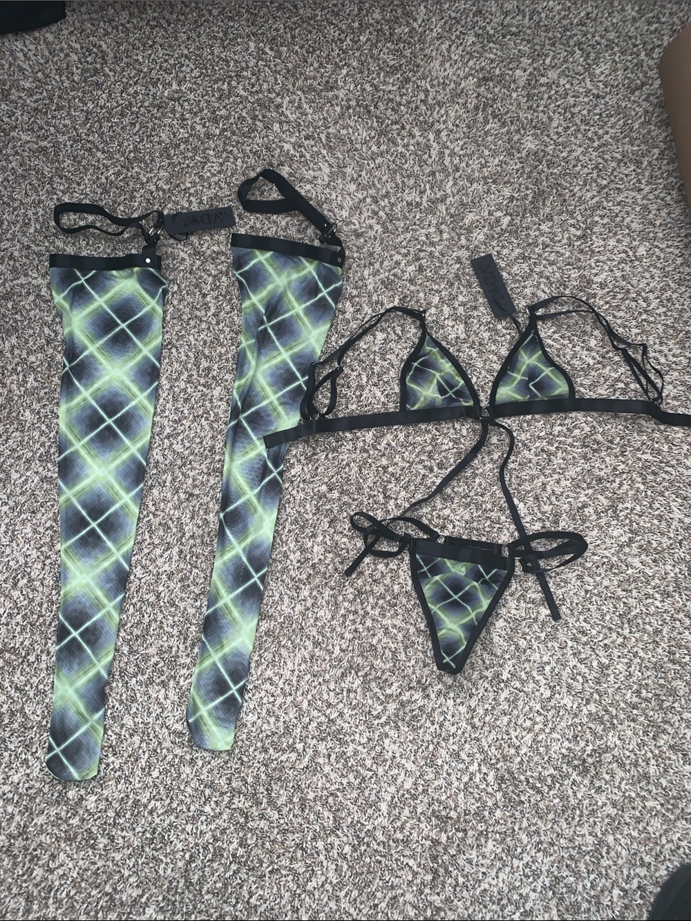 Dolls Kill Widow Yellow & Black Plaid Mesh Lingerie Set, Very Rare